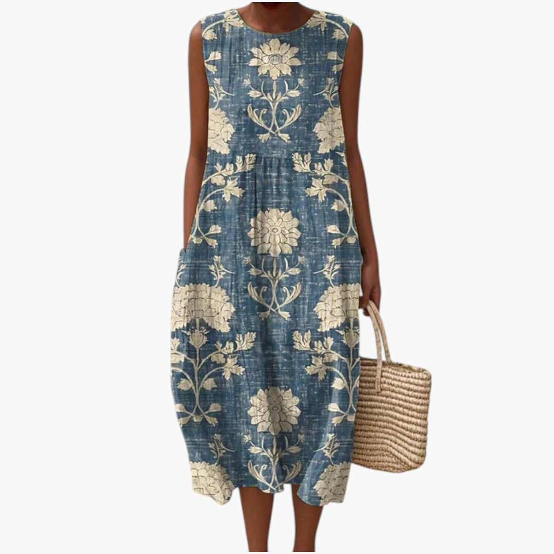 Robe midi femme sans manches avec tissu lin et coupe ample