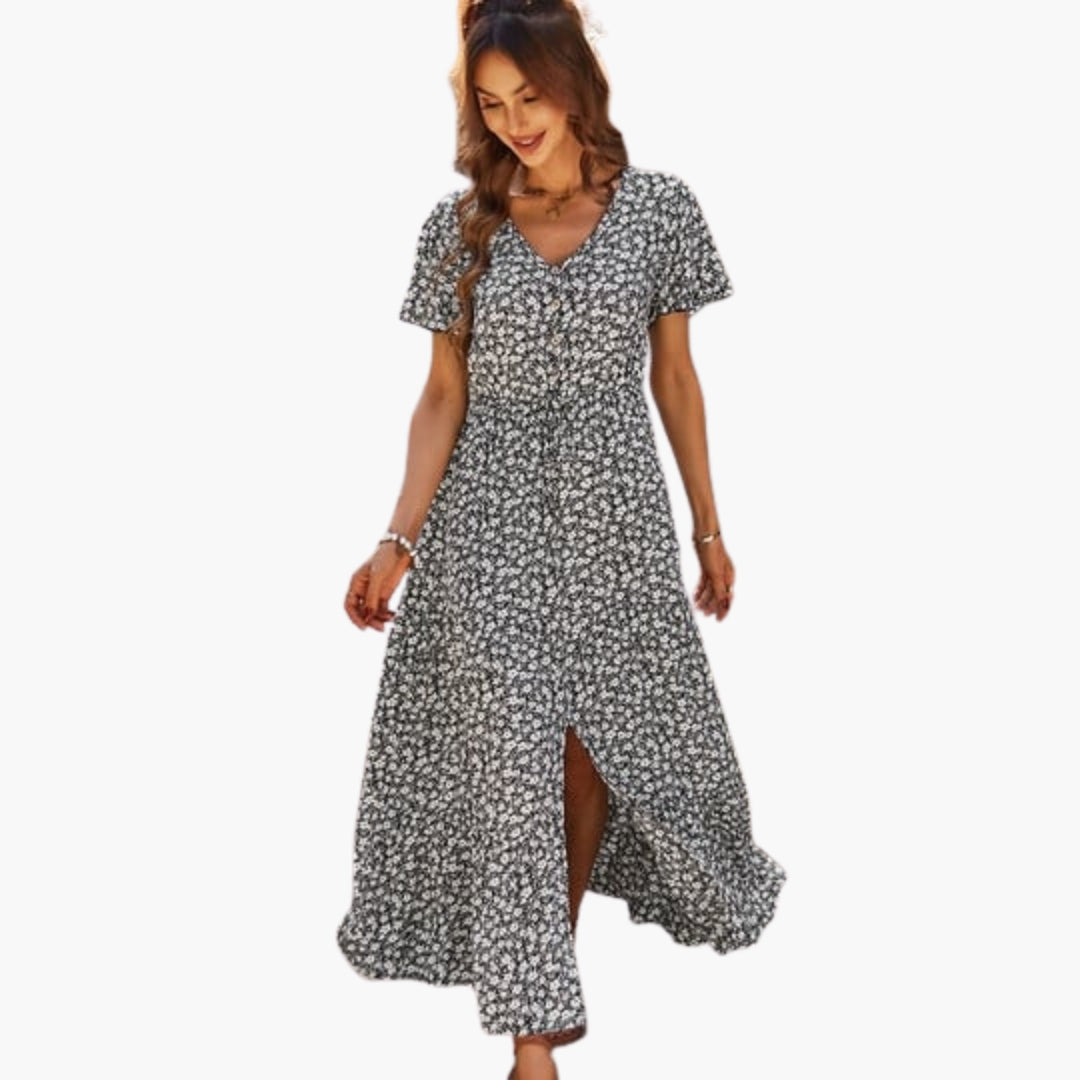 Women's mid-length floral dress with short sleeves