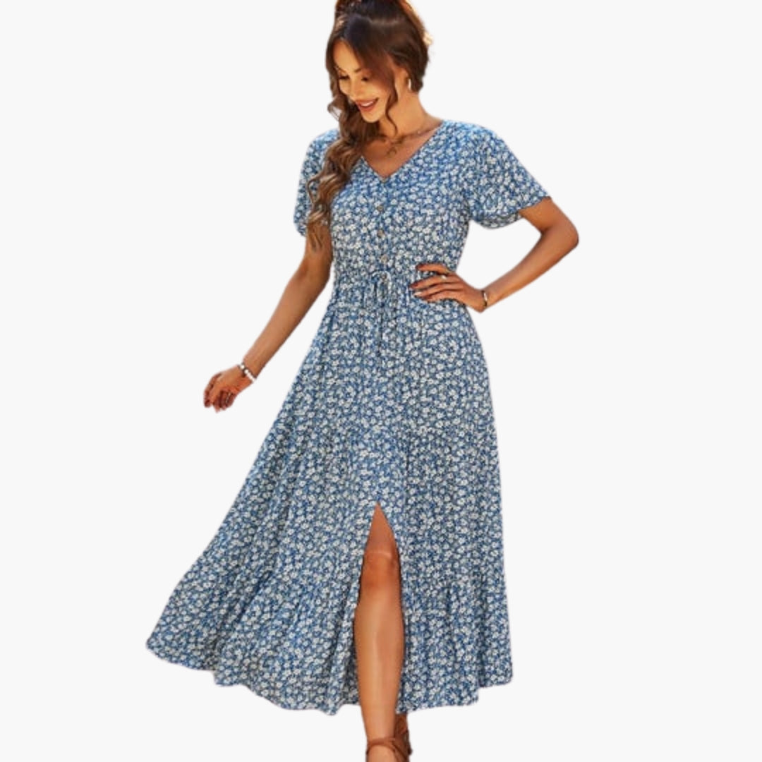 Women's mid-length floral dress with short sleeves