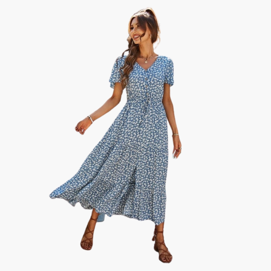 Women's mid-length floral dress with short sleeves