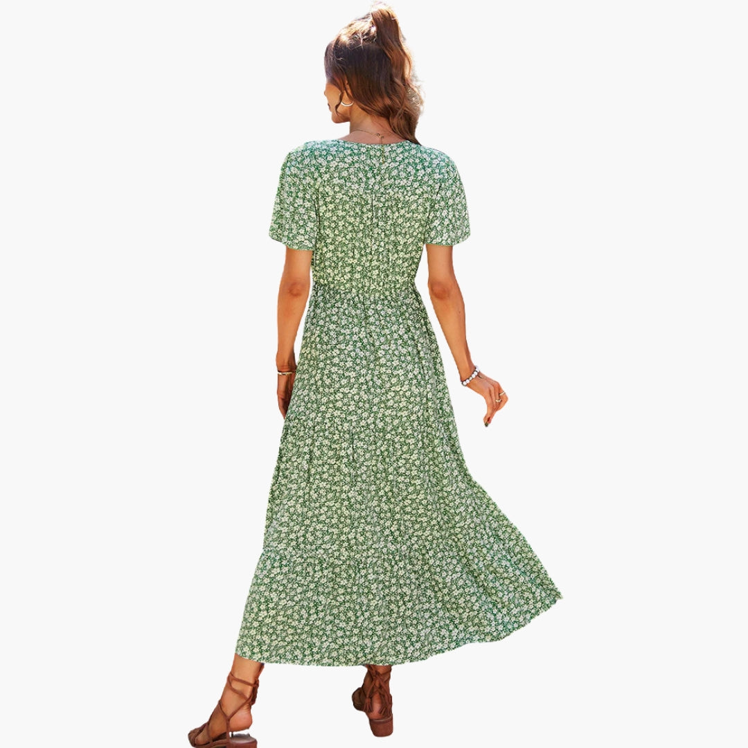 Women's mid-length floral dress with short sleeves
