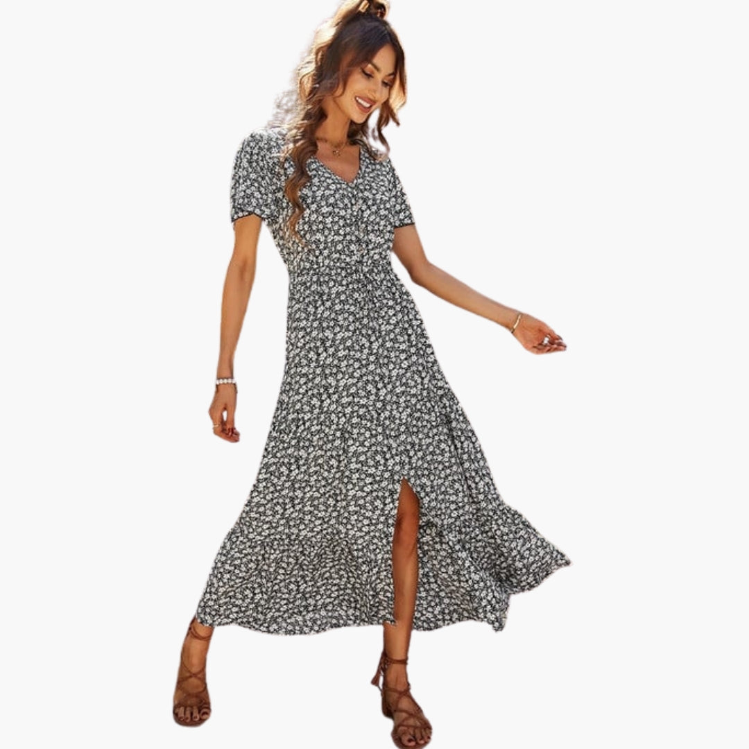 Women's mid-length floral dress with short sleeves
