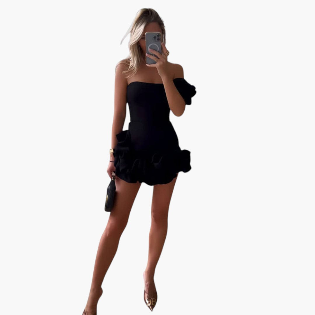 Robe mini femme à une épaule avec ourlet à volants