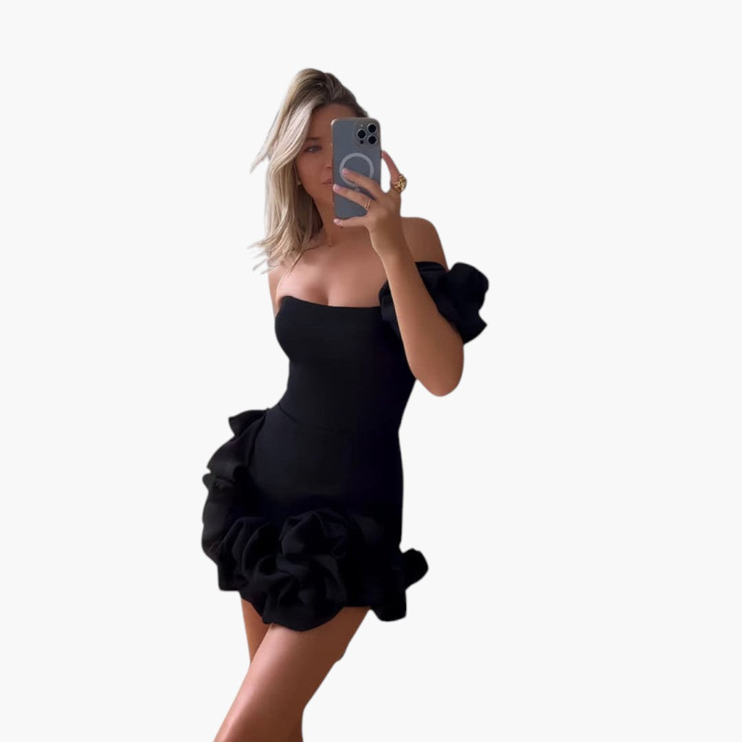 Robe mini femme à une épaule avec ourlet à volants