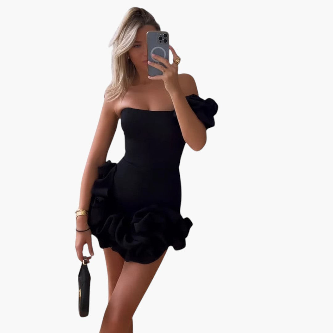 Robe mini femme à une épaule avec ourlet à volants