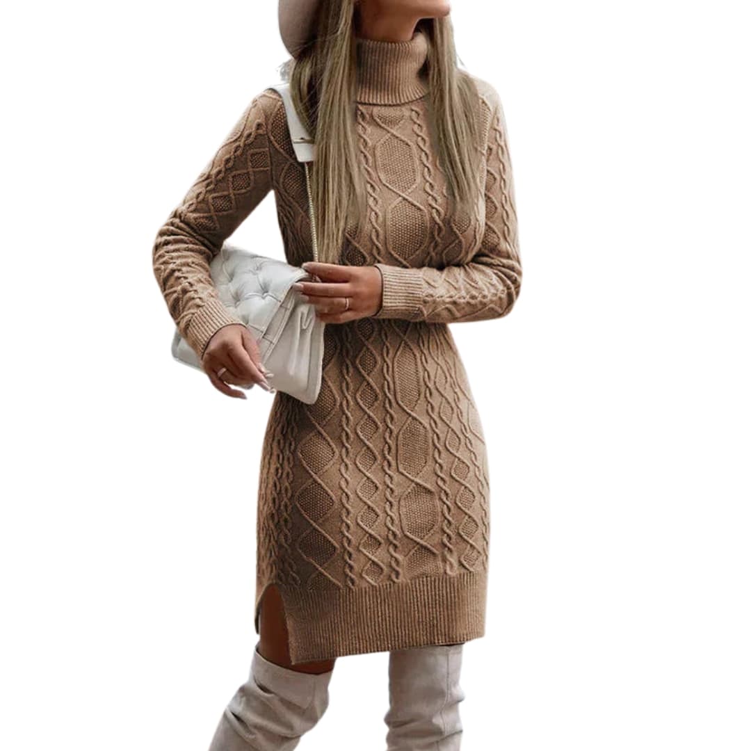 Women's knitted dress with long sleeves and round neckline