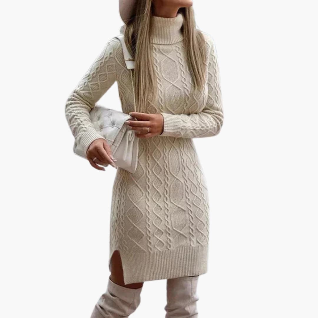 Women's knitted dress with long sleeves and round neckline