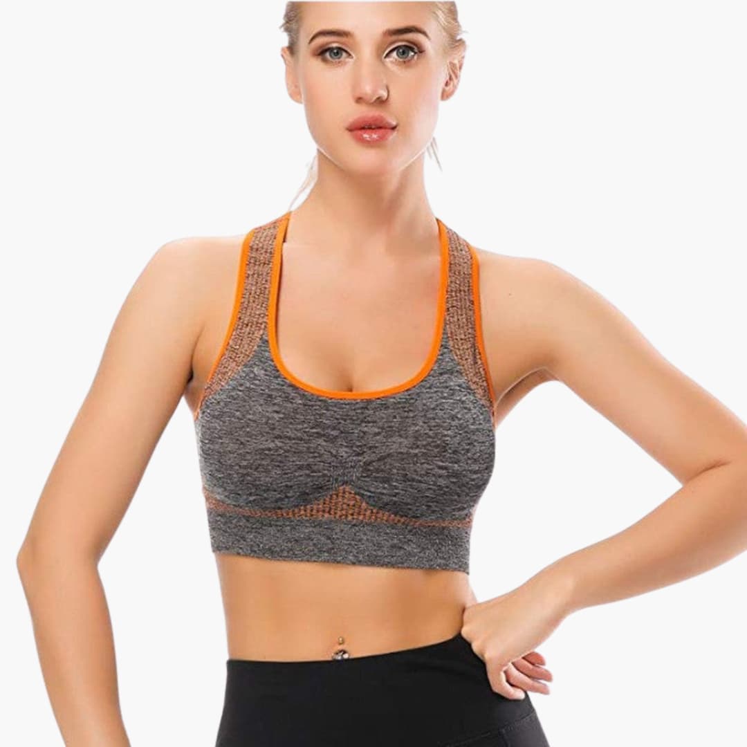 Women's sports bra with adjustable straps and elastic band under the bust
