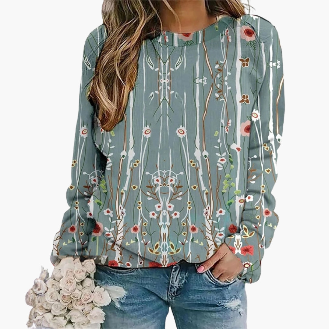 Sweat-shirt à motif floral pour femme avec col ras du cou et manches longues