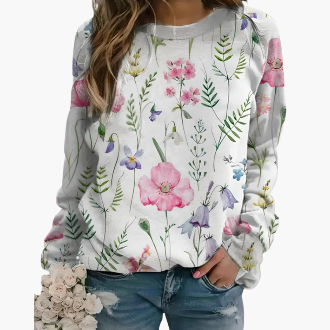 Sweat-shirt à motif floral pour femme avec col ras du cou et manches longues