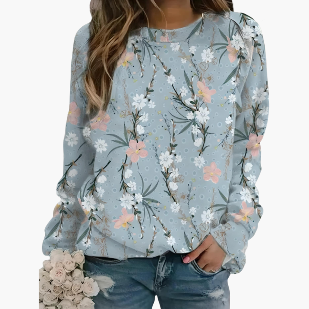 Sweat-shirt à motif floral pour femme avec col ras du cou et manches longues