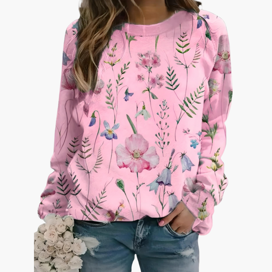 Sweat-shirt à motif floral pour femme avec col ras du cou et manches longues