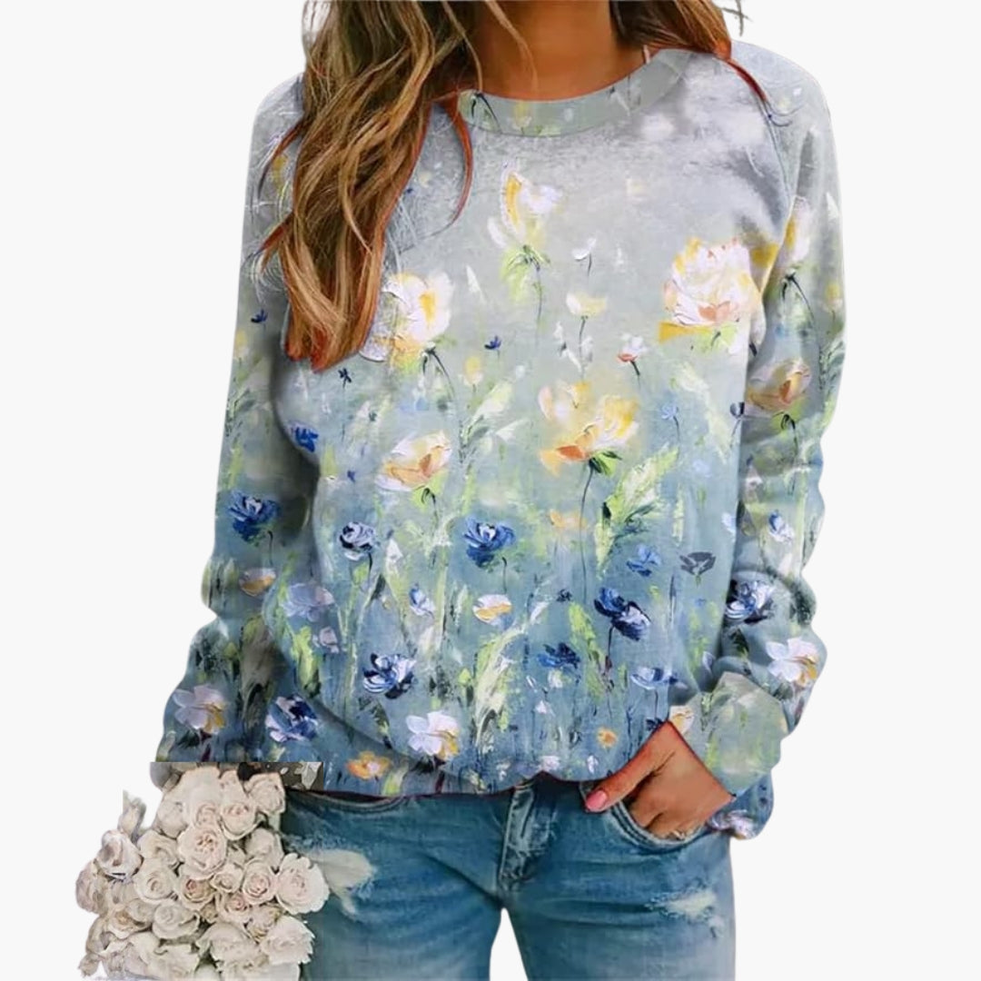 Sweat-shirt à motif floral pour femme avec col ras du cou et manches longues
