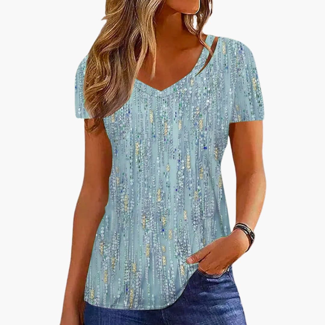 T-shirt scintillant à col en V pour femme avec coupe adaptée, idéal pour occasions festives