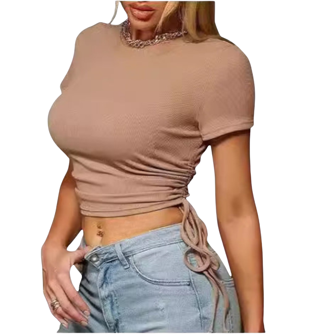 Short women's shirt with side ties and gathers