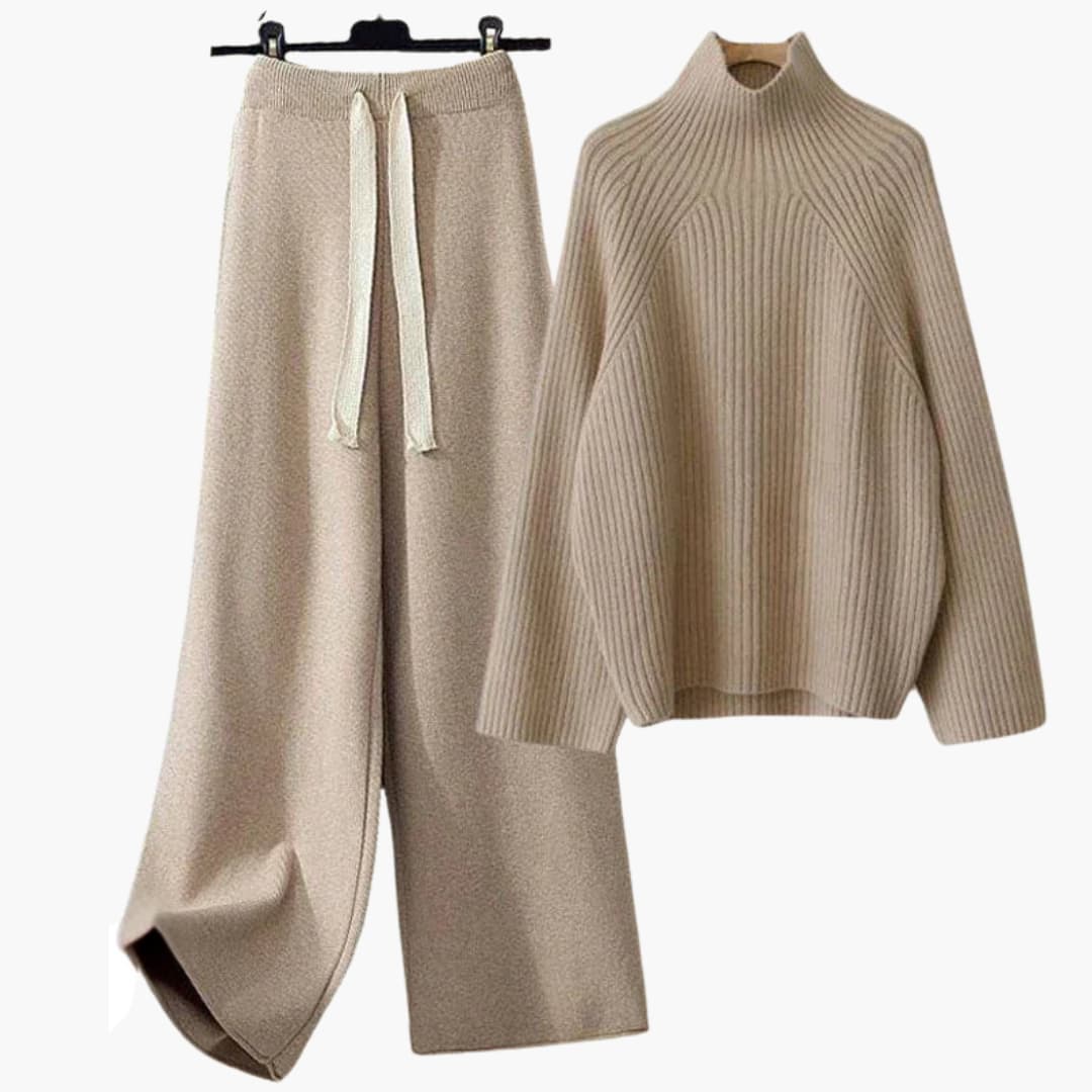 Two-piece knitted set for women with high-neck top and wide-leg pants