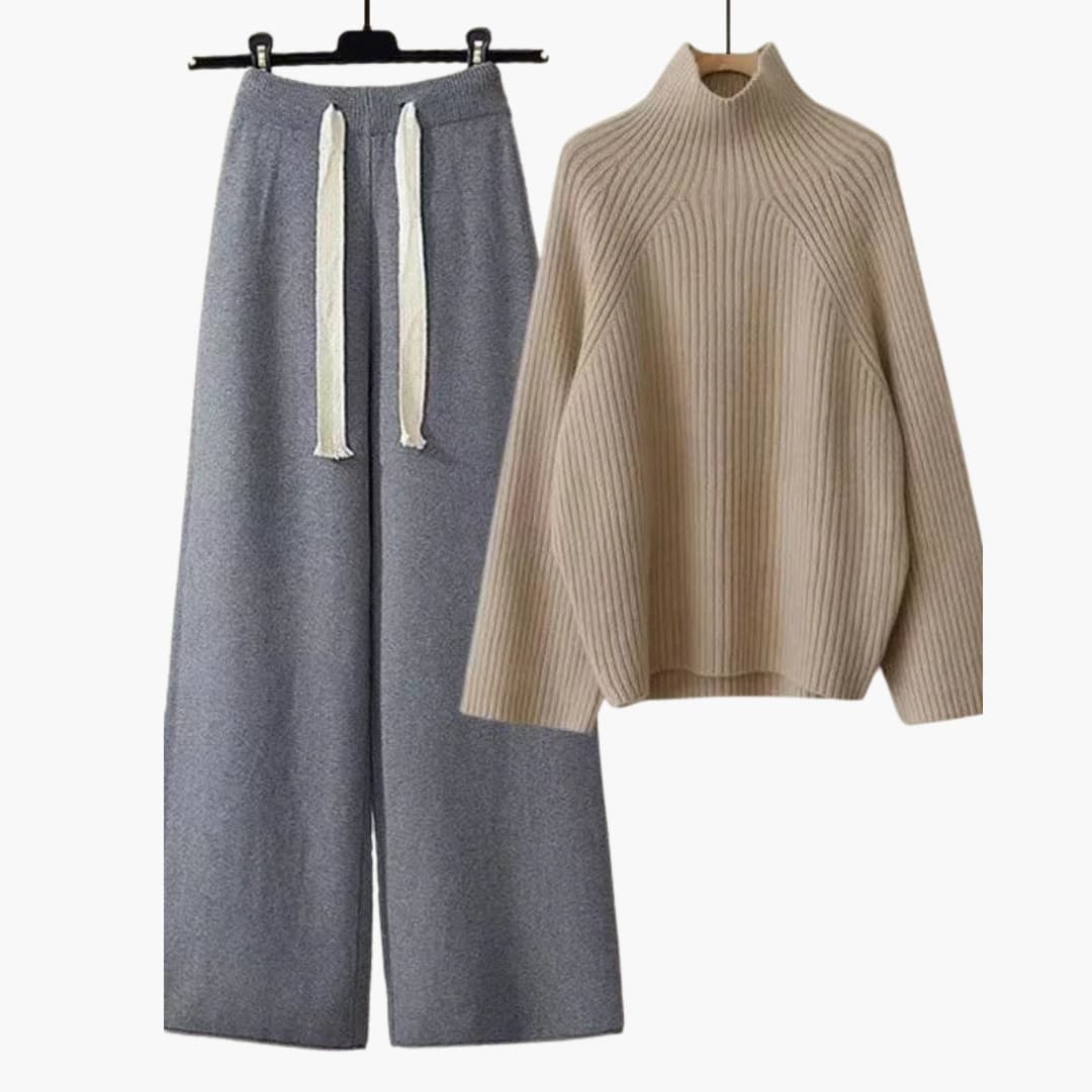Two-piece knitted set for women with high-neck top and wide-leg pants