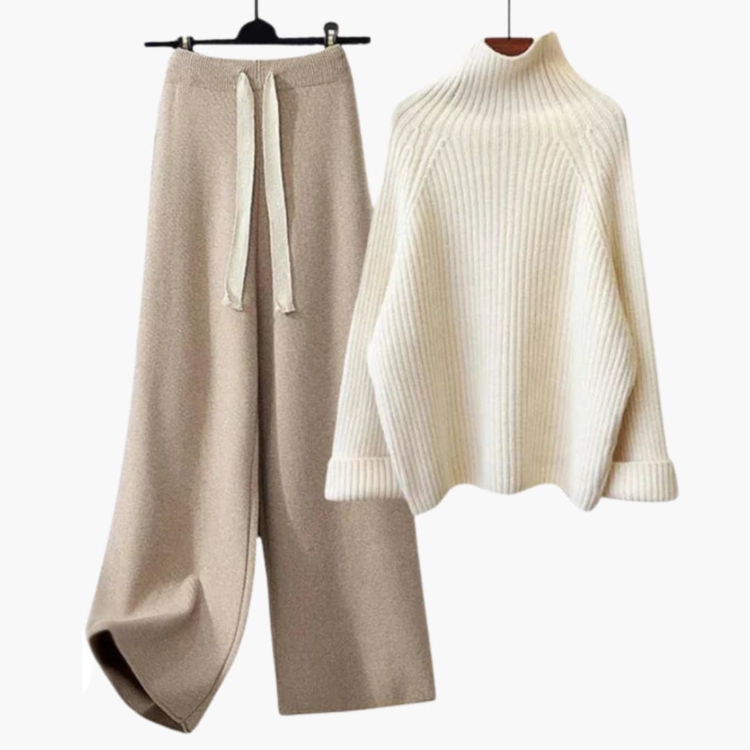 Two-piece knitted set for women with high-neck top and wide-leg pants