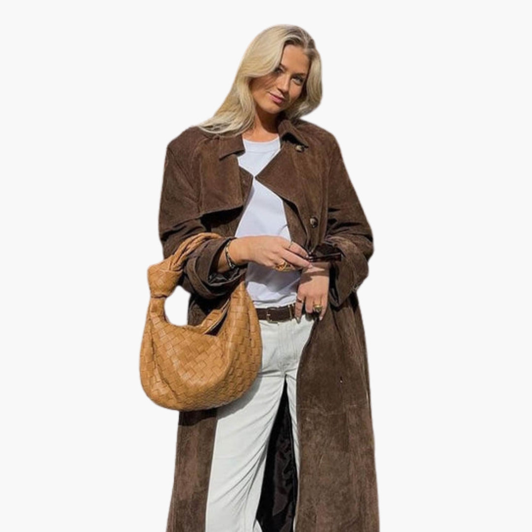 Trench long femme avec col à revers et ceinture à nouer