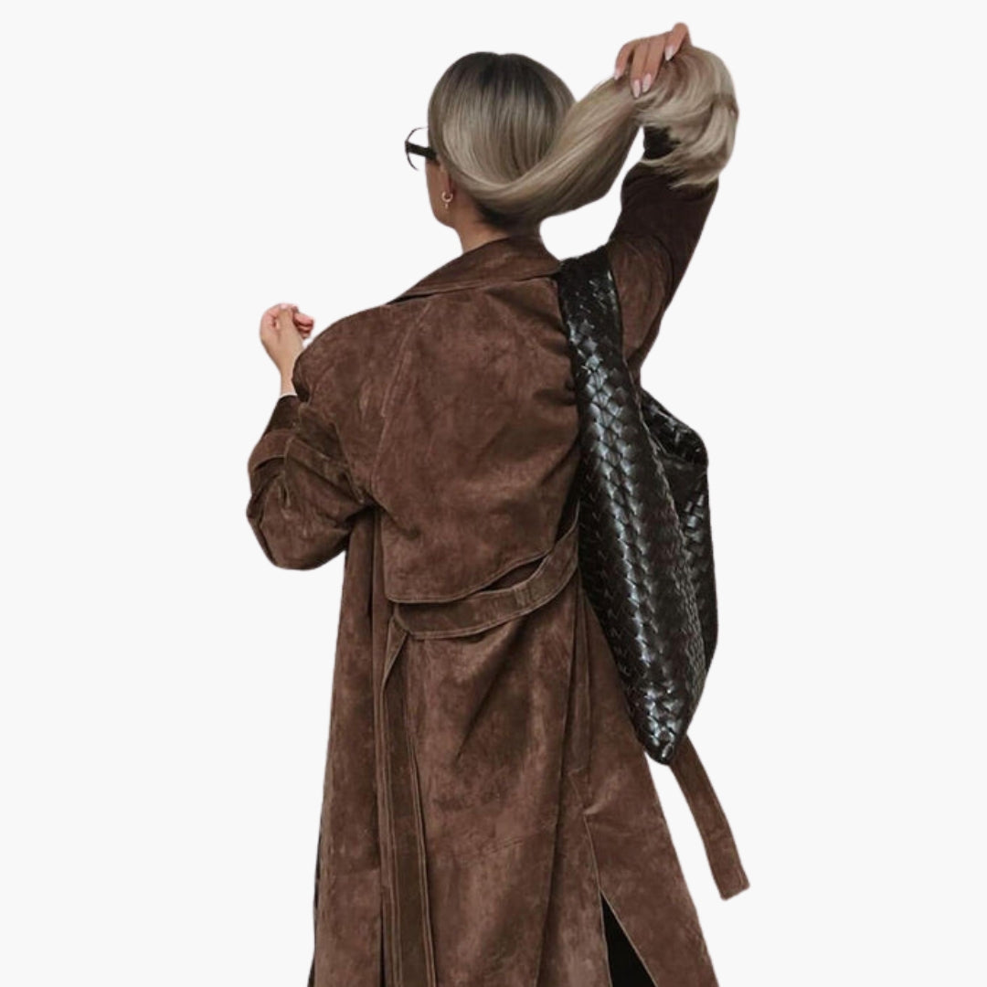 Trench long femme avec col à revers et ceinture à nouer