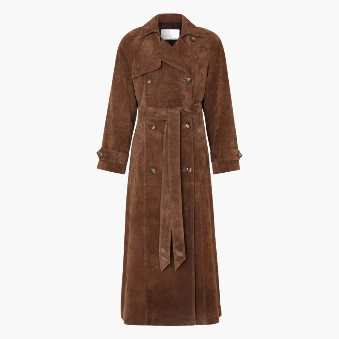 Trench long femme avec col à revers et ceinture à nouer