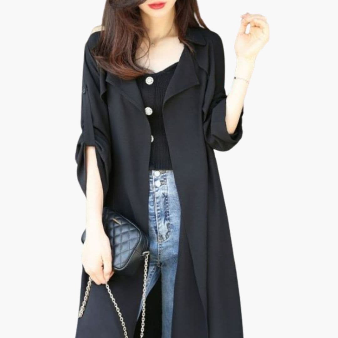 Women's long trench coat with button closure