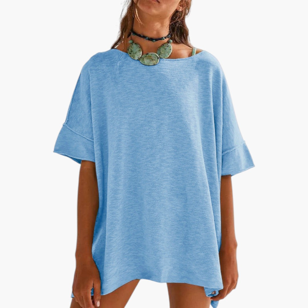 T shirt Femme a Manches Retroussées et Col Rond