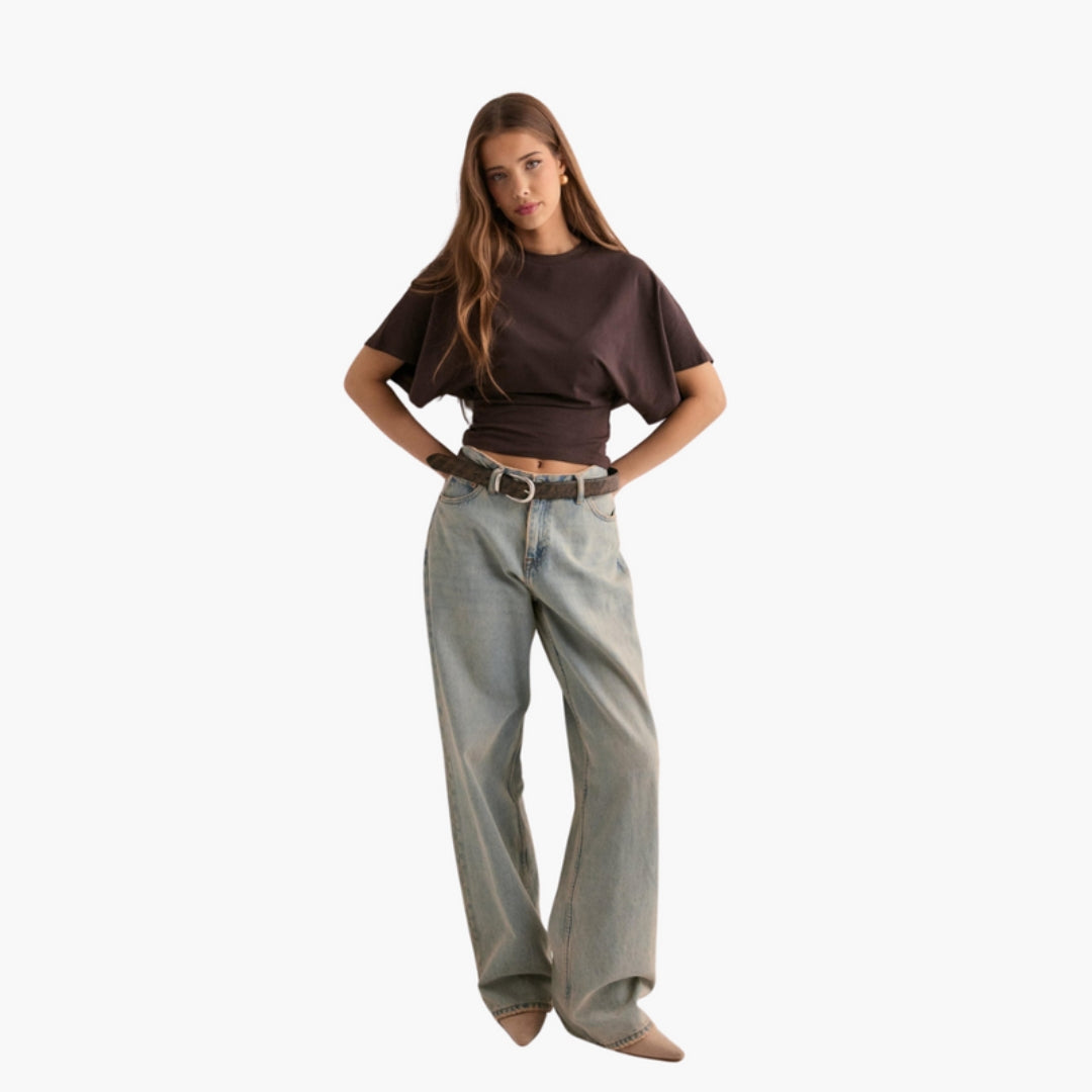 T-shirt Mulher com Decote Redondo e Mangas Largas