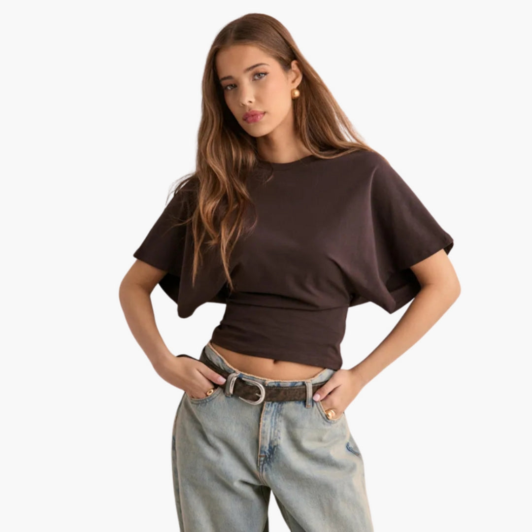 T-shirt Mulher com Decote Redondo e Mangas Largas