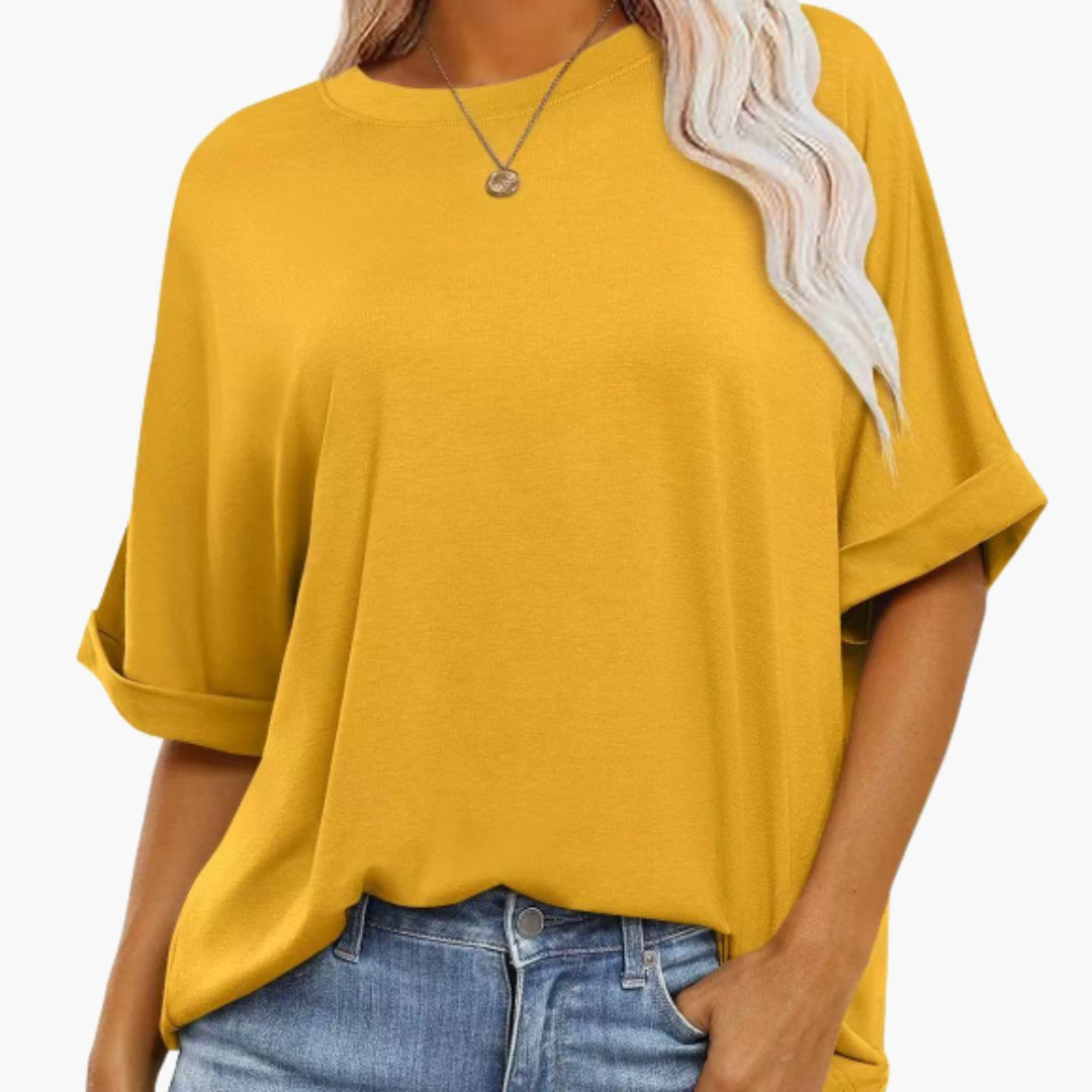 T shirt Femme avec Col Rond et Manches Retroussées
