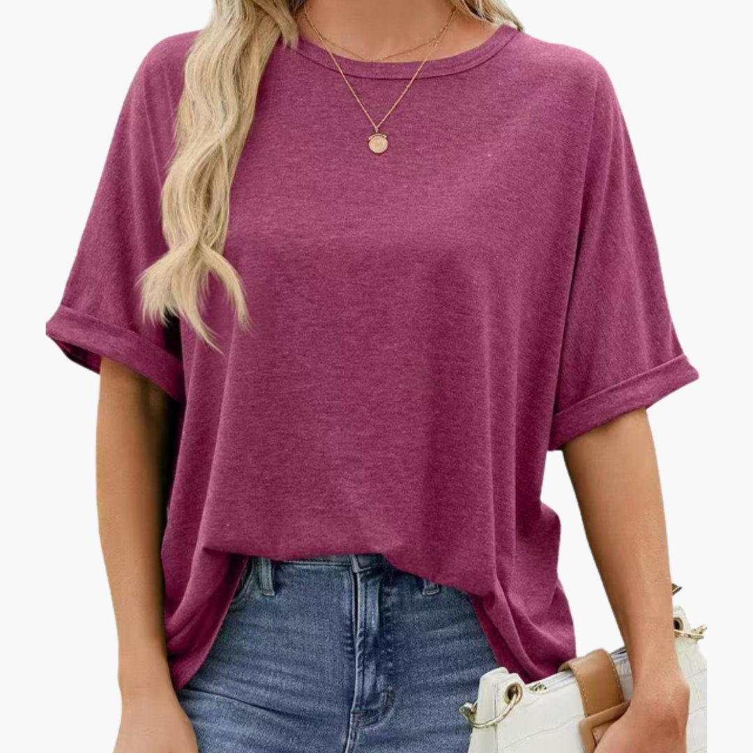 T shirt Femme avec Col Rond et Manches Retroussées