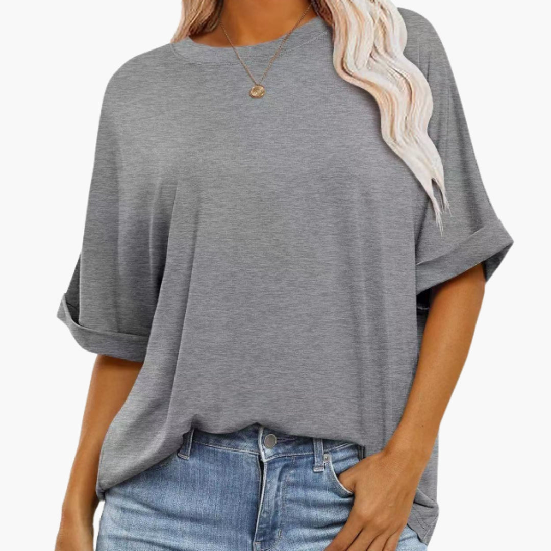 T shirt Femme avec Col Rond et Manches Retroussées