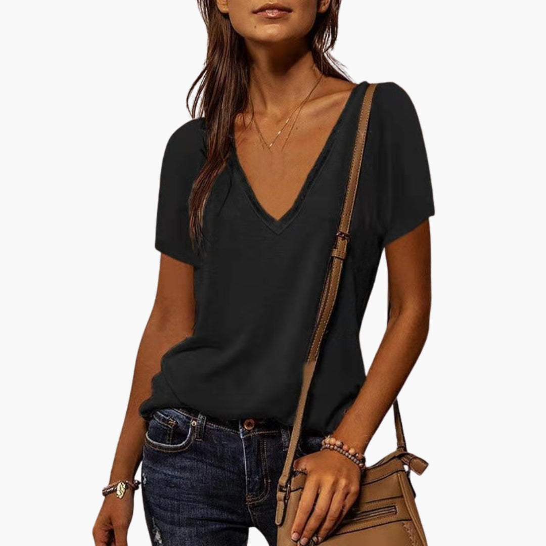 T shirt Femme avec Col en V et Surface Unie