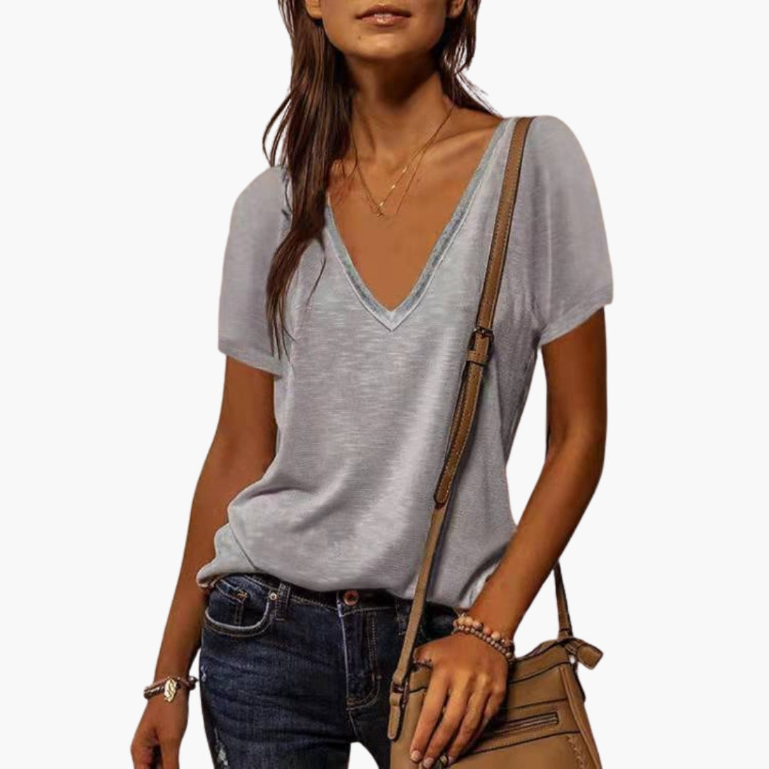 T shirt Femme avec Col en V et Surface Unie