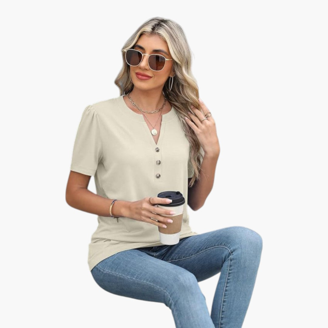 T shirt femme à encolure boutonnée et manches courtes
