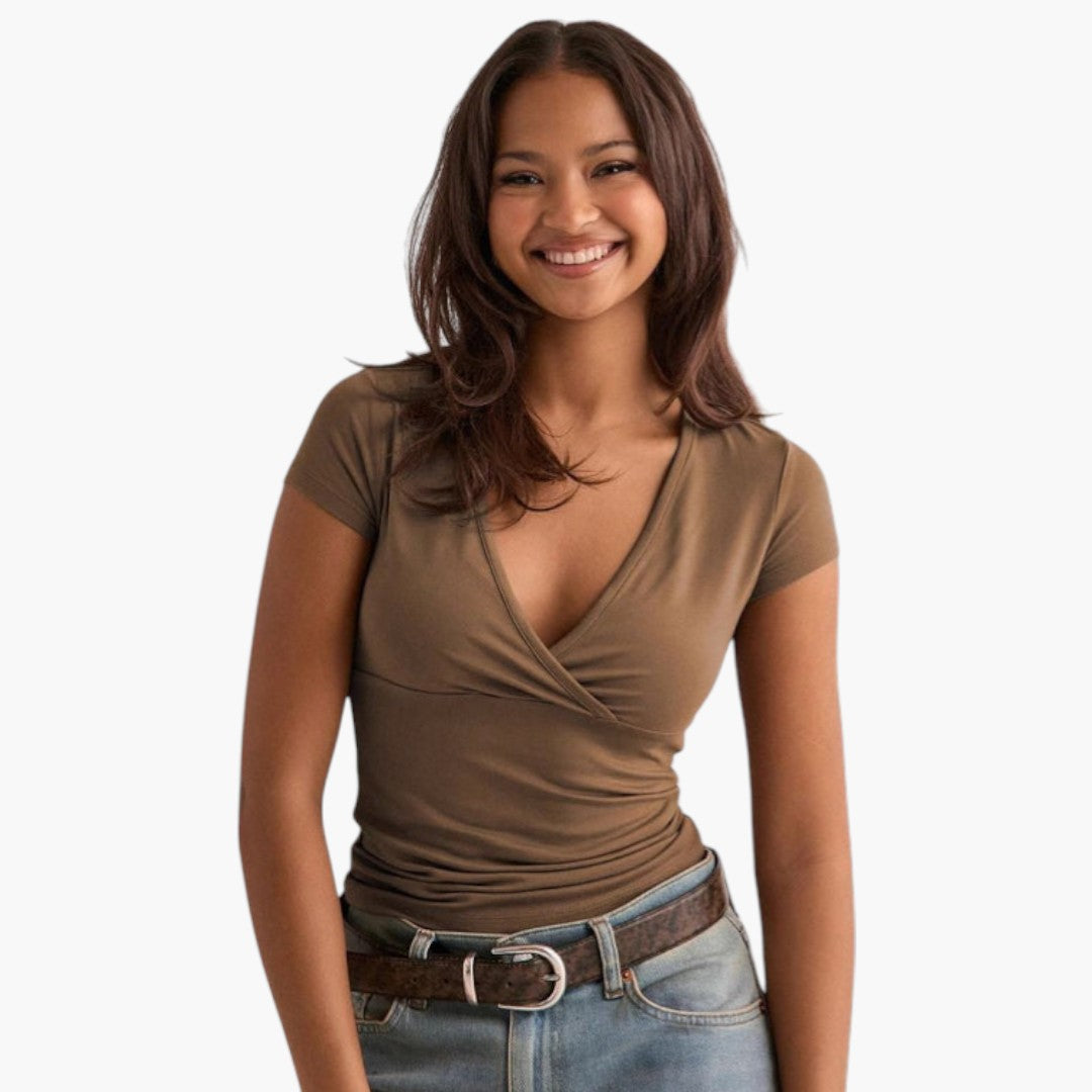 T shirt femme avec encolure en V et manches courtes