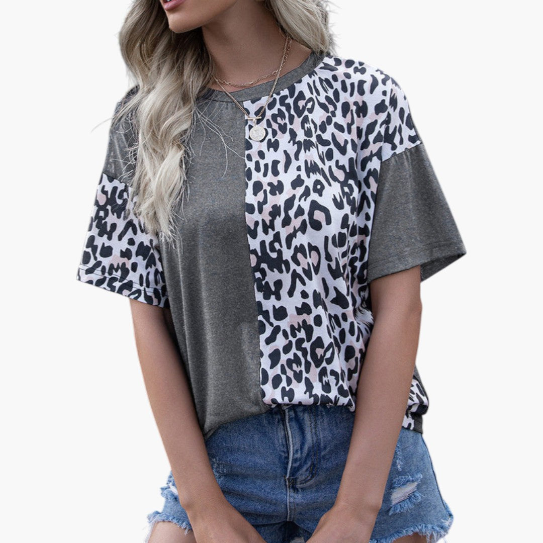 T-shirt de mulher com painéis estampados e mangas curtas