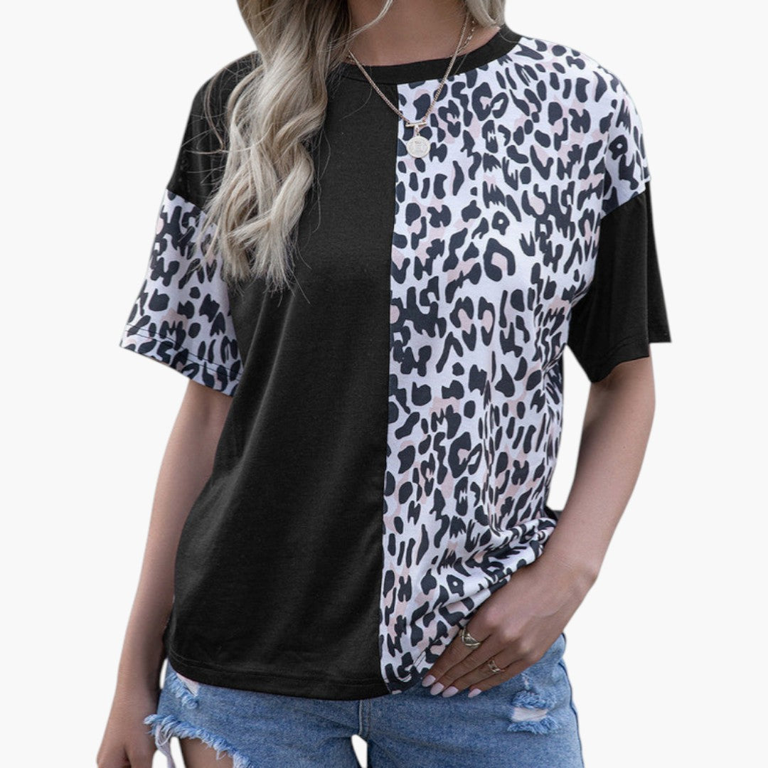 T-shirt de mulher com painéis estampados e mangas curtas