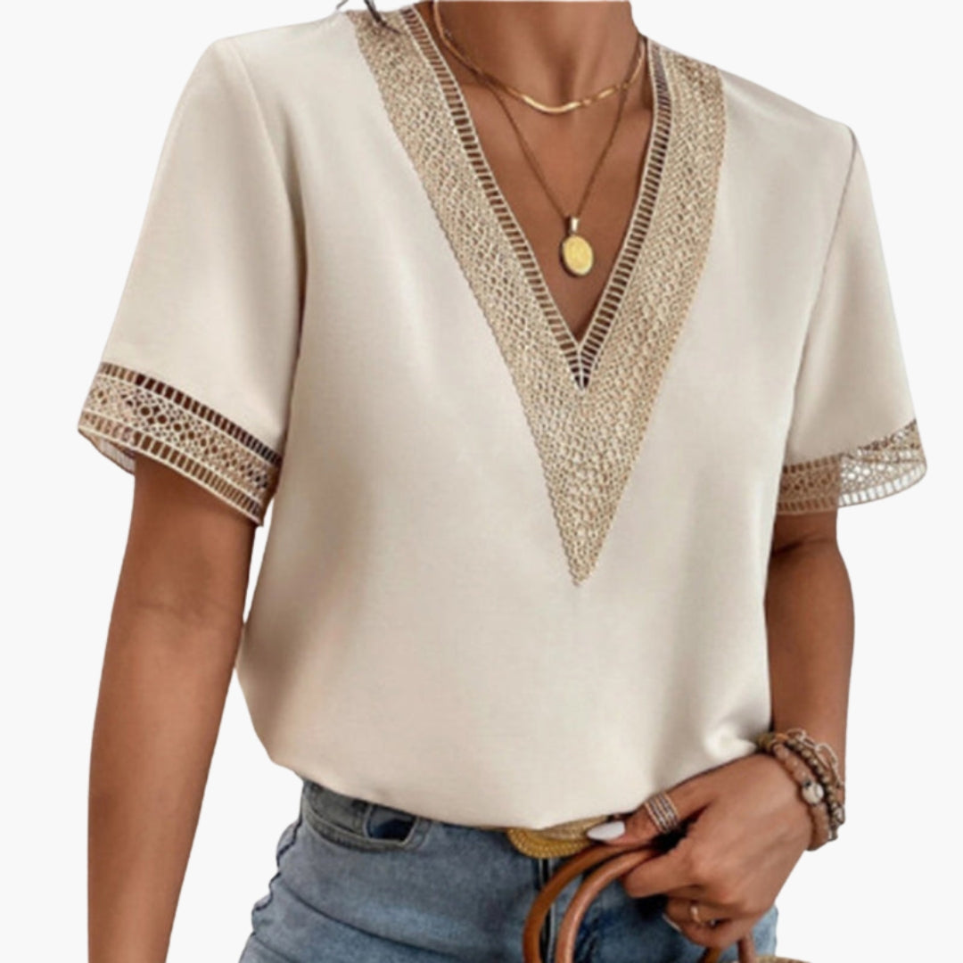 T shirt femme col V avec bordure en dentelle