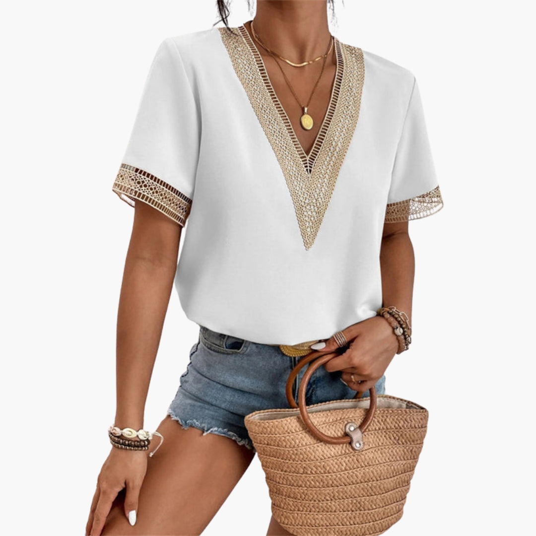 T shirt femme col V avec bordure en dentelle