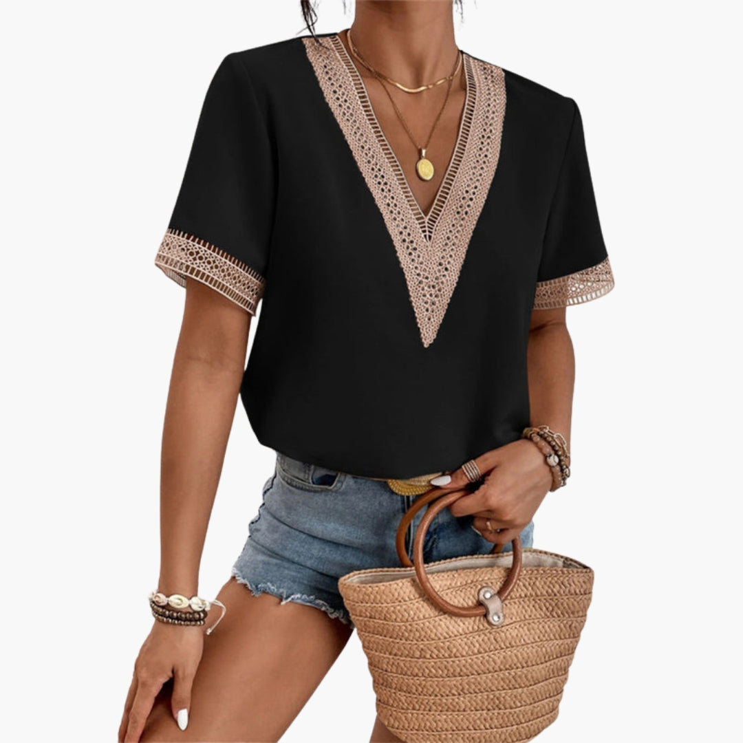 T shirt femme col V avec bordure en dentelle