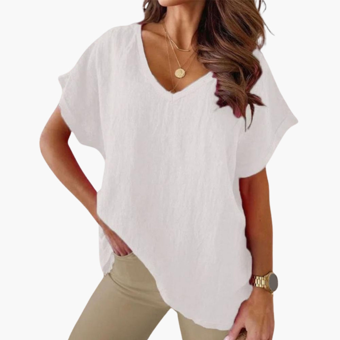T-shirt feminina com decote em V e mangas curtas