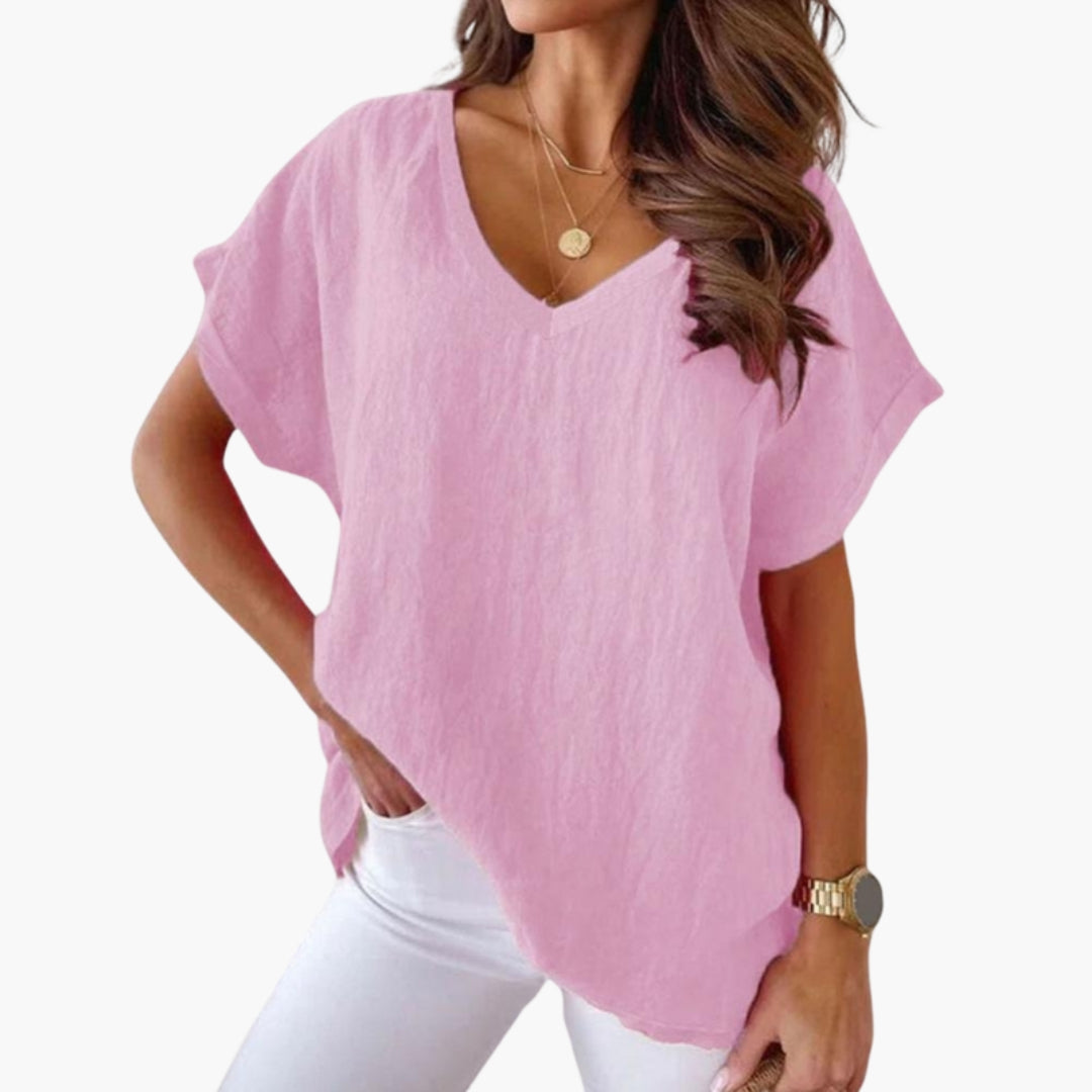 T-shirt feminina com decote em V e mangas curtas