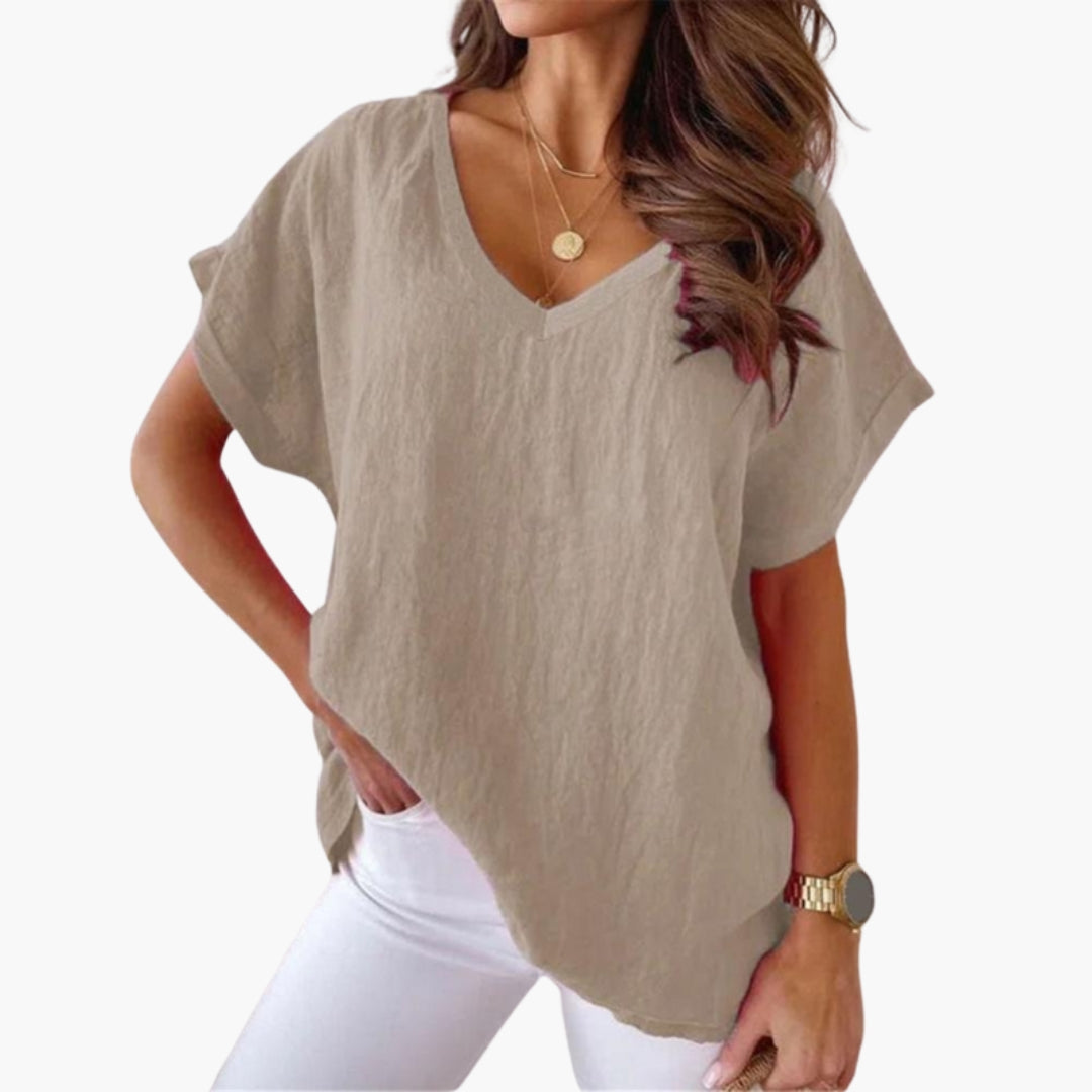 T-shirt feminina com decote em V e mangas curtas