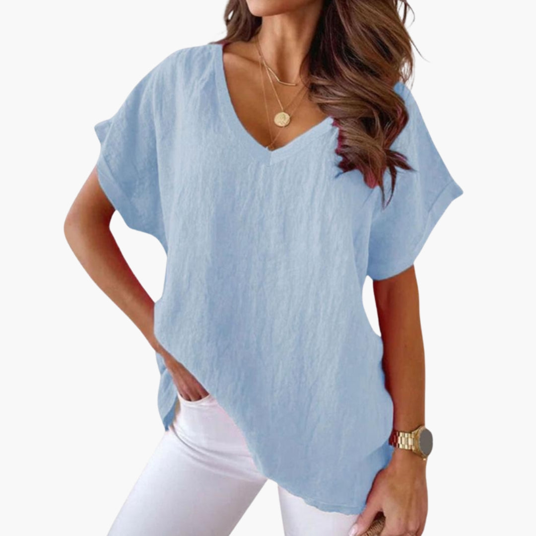 T-shirt feminina com decote em V e mangas curtas