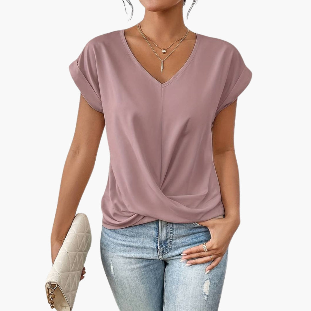 T-shirt til kvinder med V-hals og snoet kant foran
