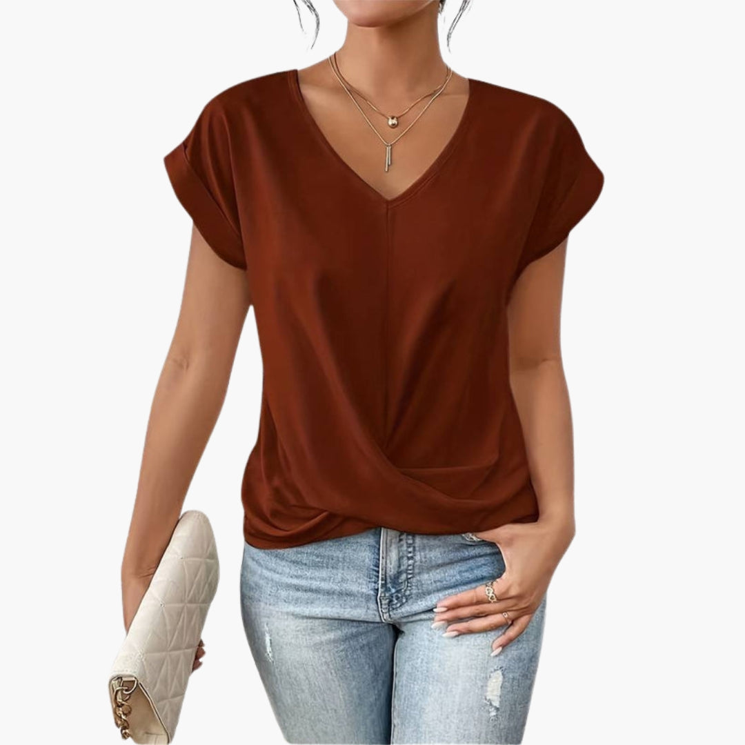 T-shirt til kvinder med V-hals og snoet kant foran