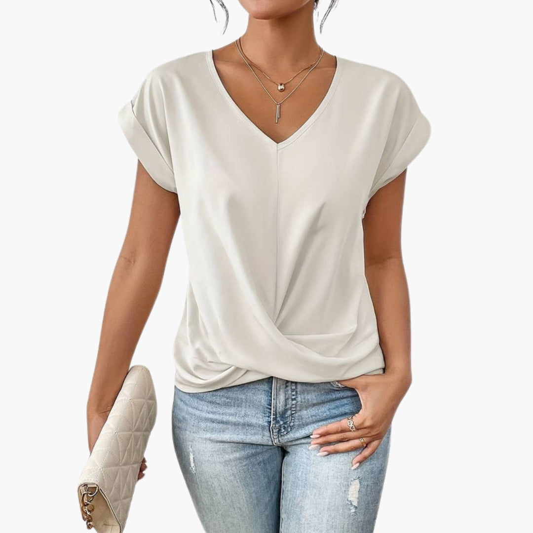 T-shirt til kvinder med V-hals og snoet kant foran