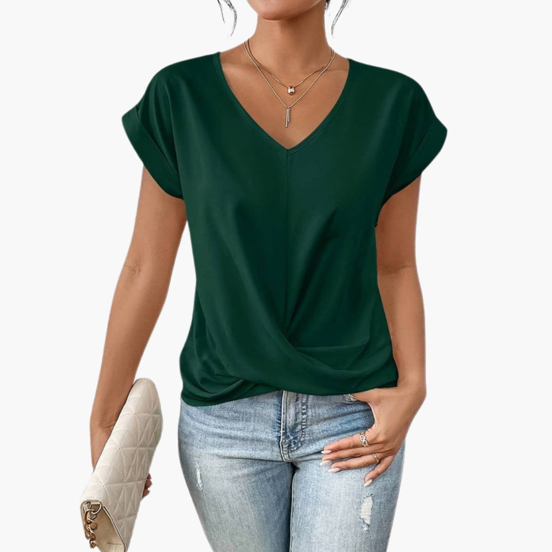 T-shirt til kvinder med V-hals og snoet kant foran
