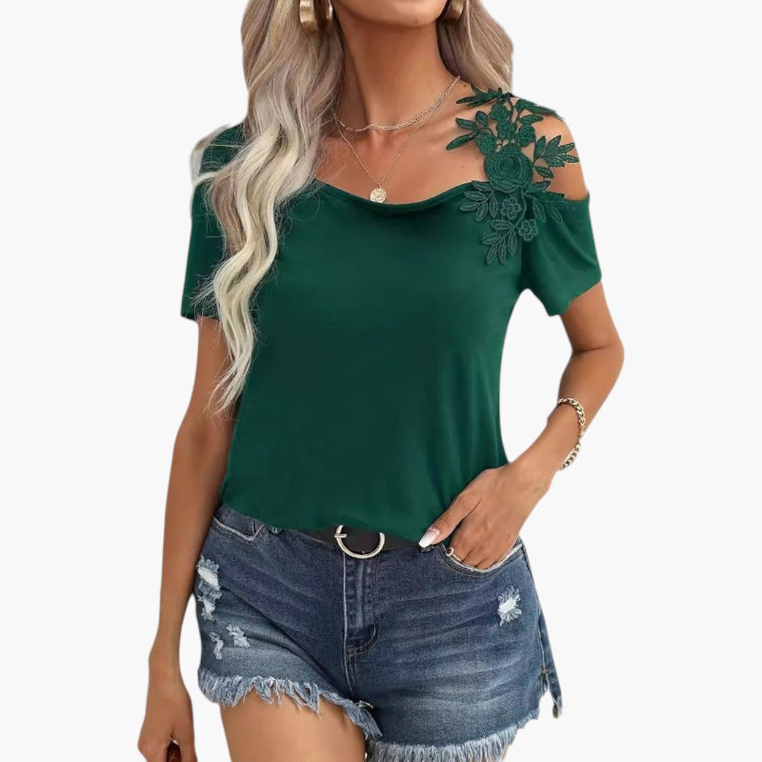 T shirt femme col large avec applique florale